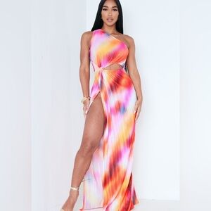 PINK ABSTRACT PRINT PLISSE KNOTTED SPLIT DETAIL MAXI DRESS - MEDIUM